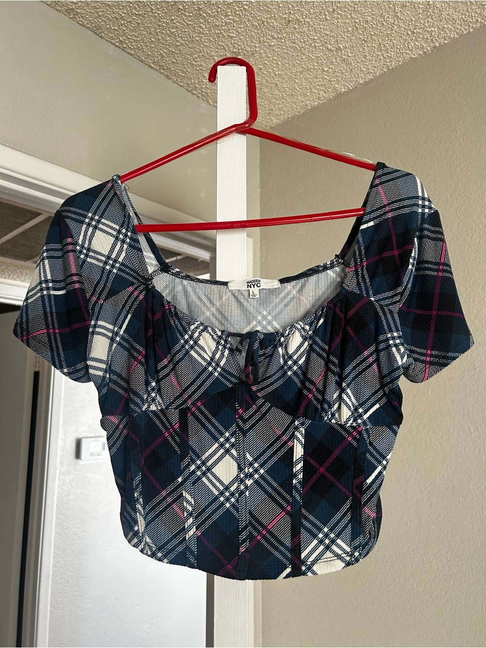 NYC Navy Plaid Short Sleeve Crop Top with Pink Accent